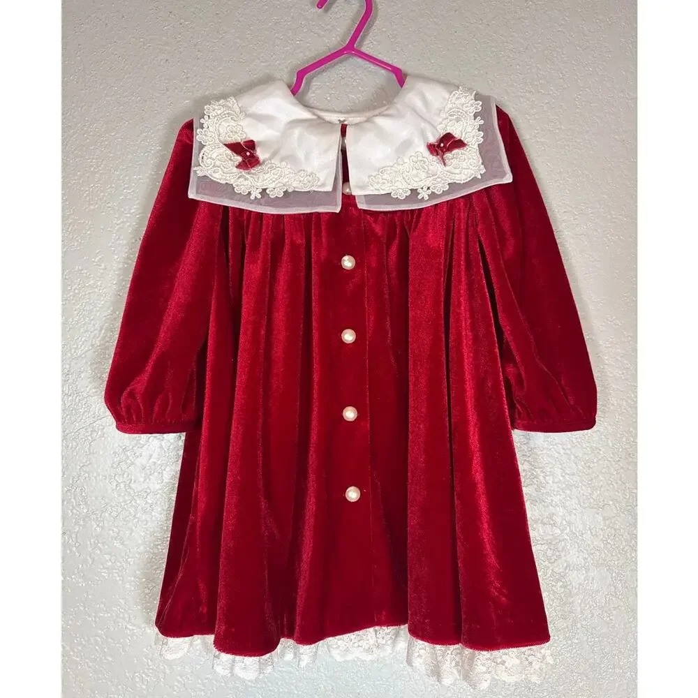 Vintage 80s Red Velvet Dress Toddler Girls 2T Sailor Collar Long Sleeve Lace Hem